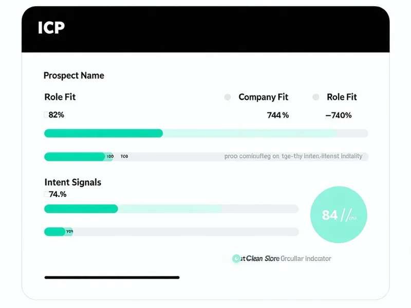 ICP scoring interface showing prospect card with score breakdown: company fit 82, role fit 91, intent signals 74, overall 84 out of 100